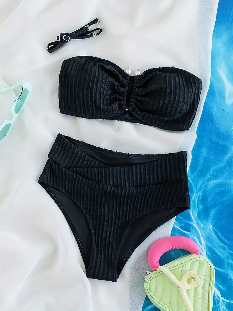 Faux Pearl U Wire Ruched Texture Bikini Solid Black - Temu