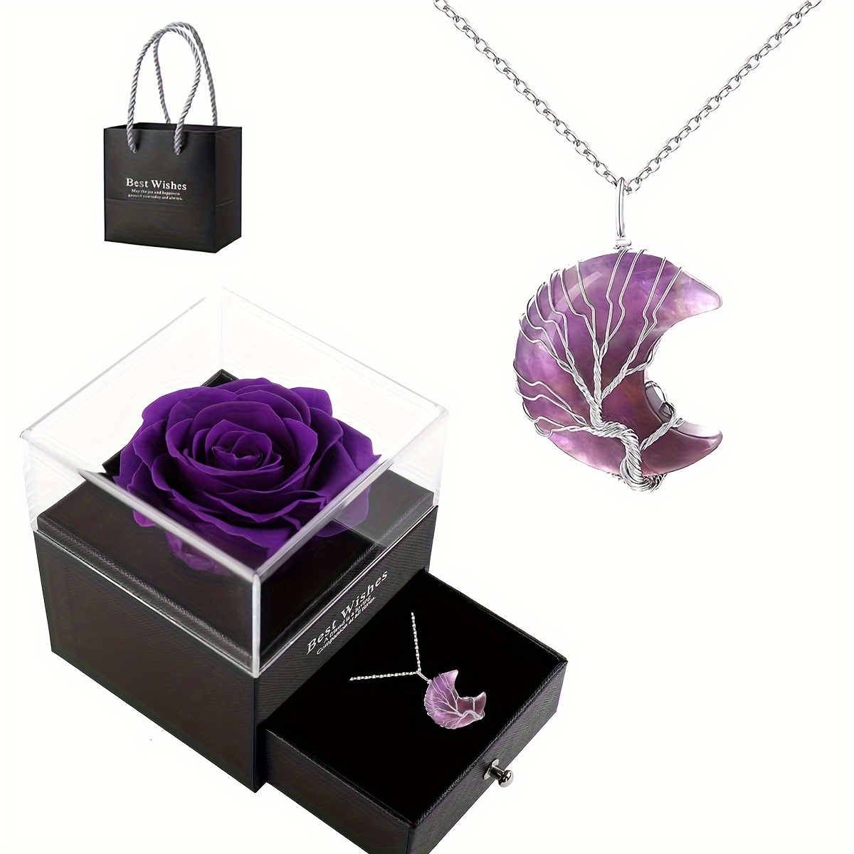 

Tree Of Life Wrapped Amethyst Moon Pendant Necklace, With Rose Gift Box For Mom, Lover, Wife, Best Friend, Daughter, Christmas Mother's Day Valentine's Day Birthday Gift