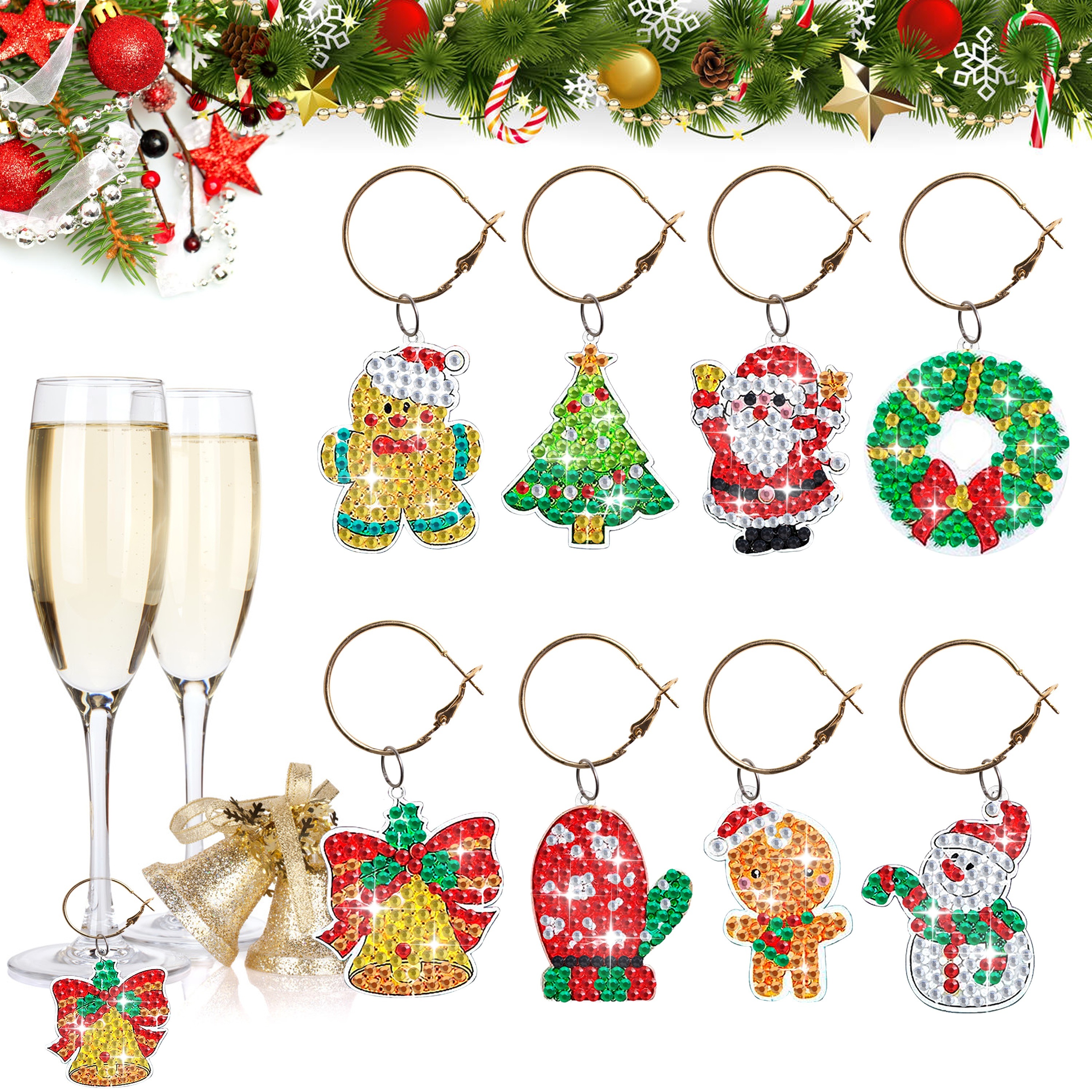 8pcs DIY Diamond Art Christmas Drink Logo Pendants Size 4cm*3cm/1.57 Inches  *1.18 Inches Acrylic Double Sided Crystal Rhinrhinel Wine Glass Logo Drink