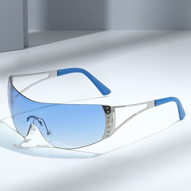 Trendy 90s One-Piece Shield Sunglasses: Rimless Aesthetic Mirror  Wrap-Around Sunnies for Women