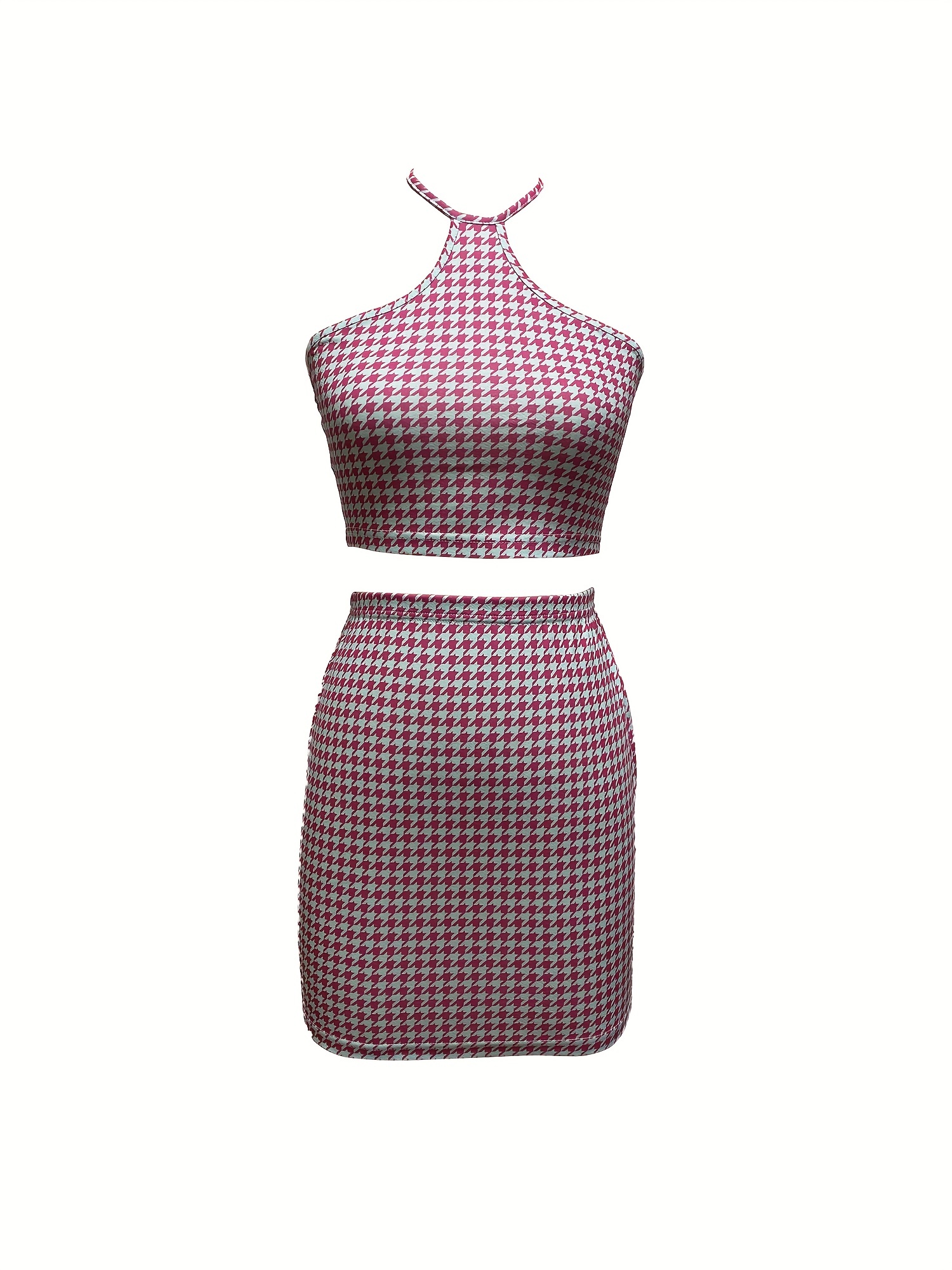 Houndstooth Print Two piece Set Backless Halter Top & Bag Hip Mini Skirts