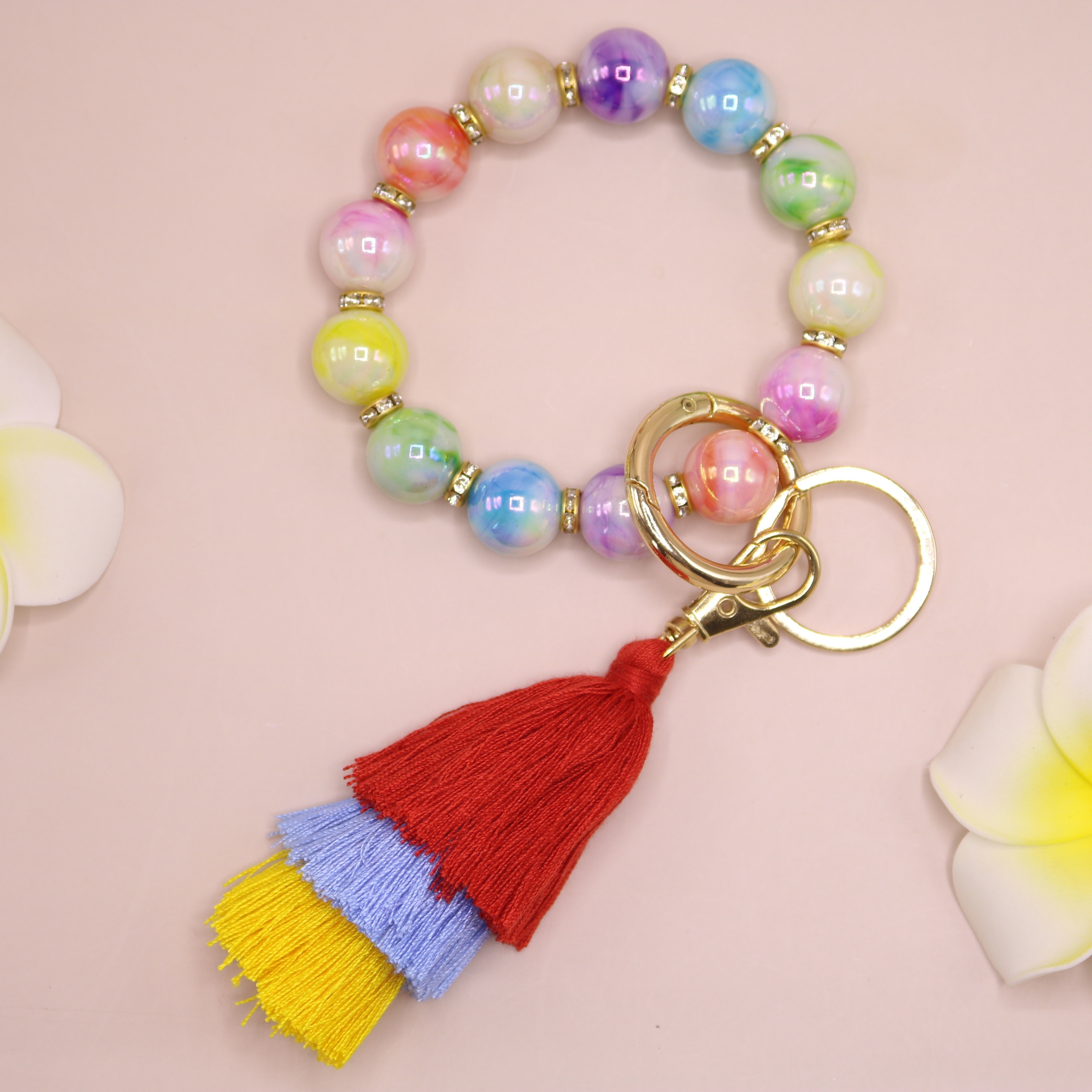 Acrylic Beads Wristlet Keychain With Woolen Tassel Bag - Temu