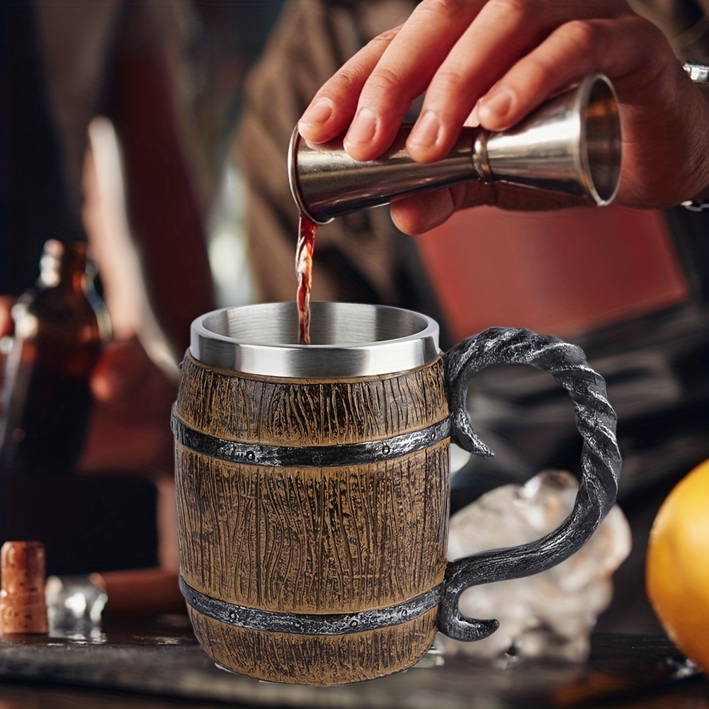 Simulation Wooden Barrel Beer Cup Double Wall Metal Insulated