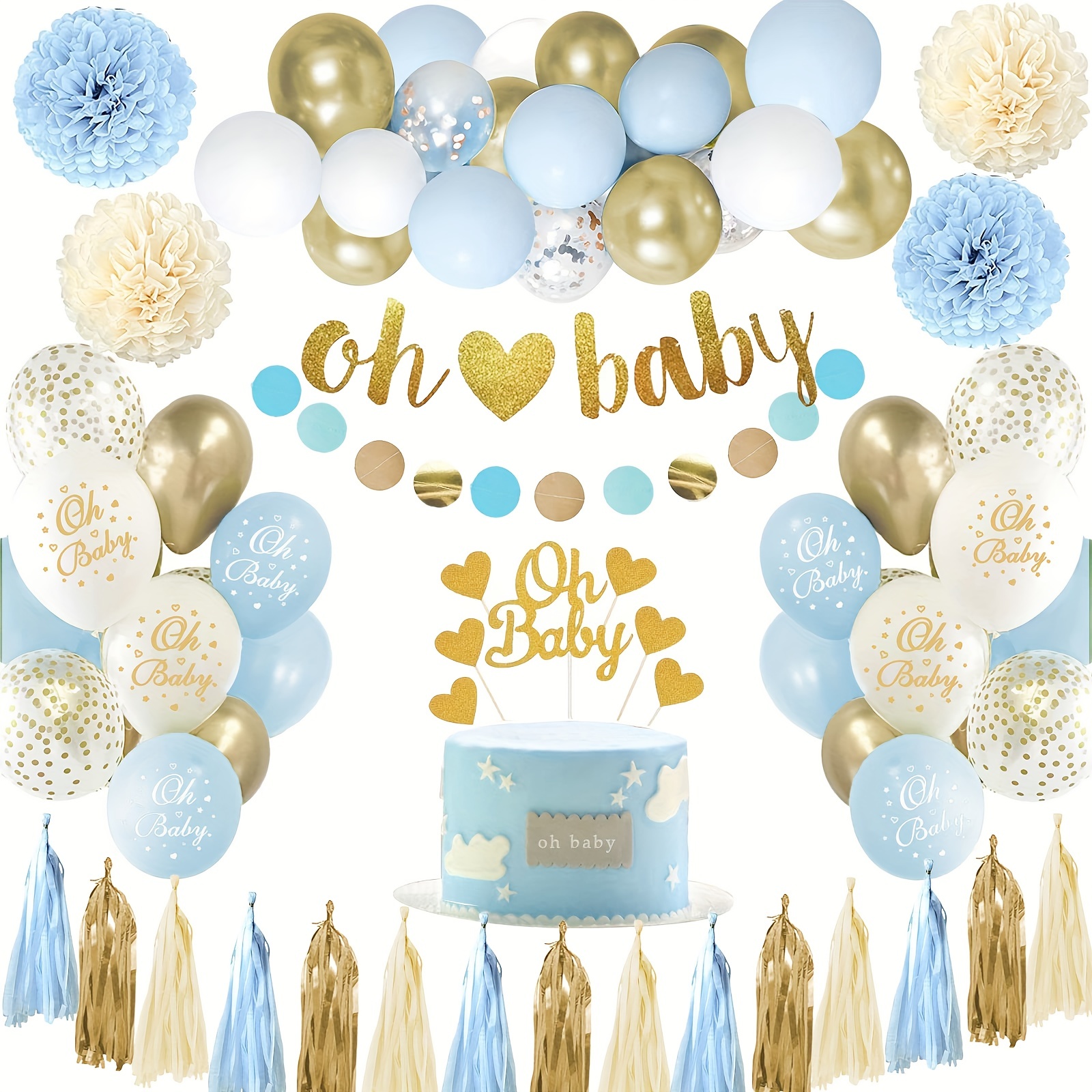 Decoraciones de baby shower para niño, globos blancos y azules para  decoración de baby shower, letras de bebé niño y cajas de globos  reutilizables