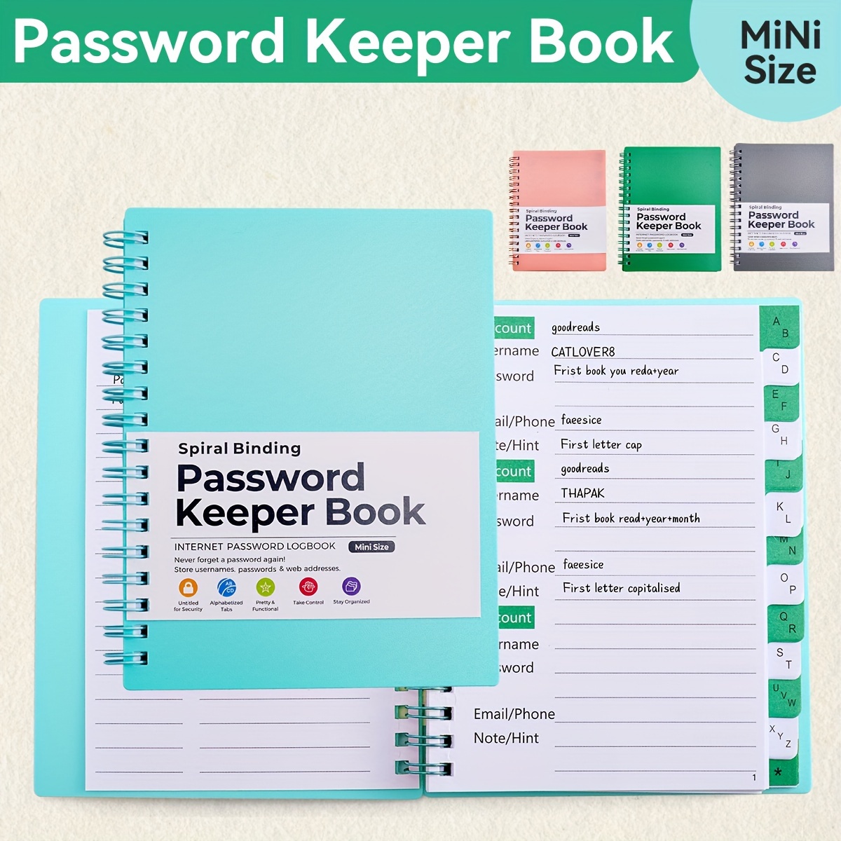 

A6 Mini Size Spiral Password Keeper Book With Alphabetical Tabs, Password Notebook For Internet And Computer Login, Username, Passwords For Home, Office