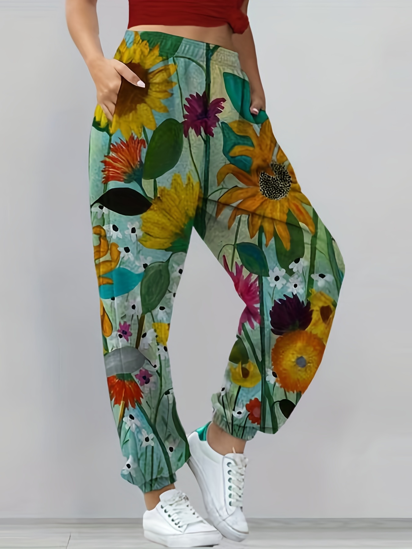 Pantalones Jogger Con Estampado De Girasol, Pantalones Acampanados Sólidos  Para Todas Las Estaciones, Ropa De Mujer