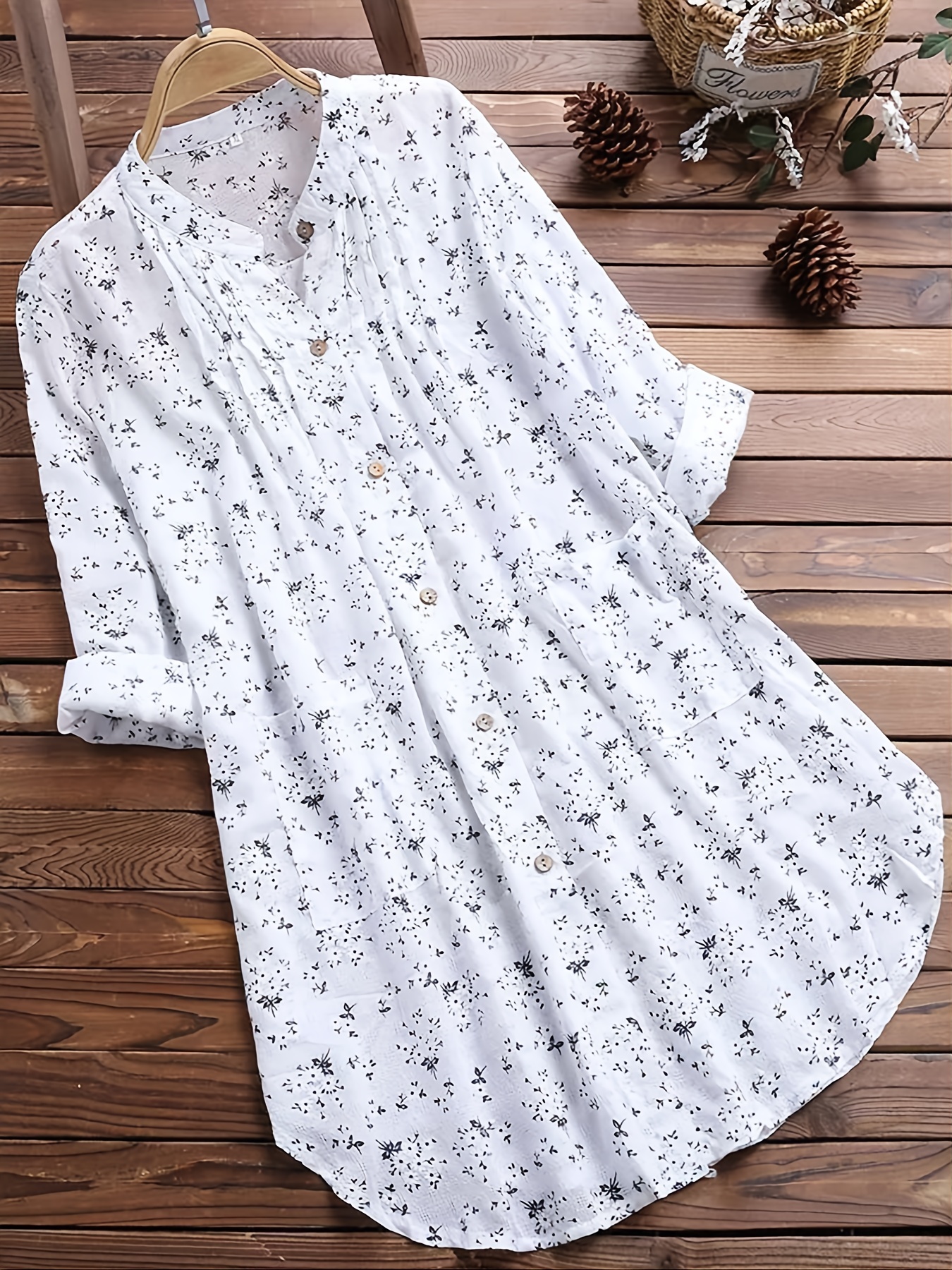 Ditsy Floral Print Button Front Midi Dress with Pocket