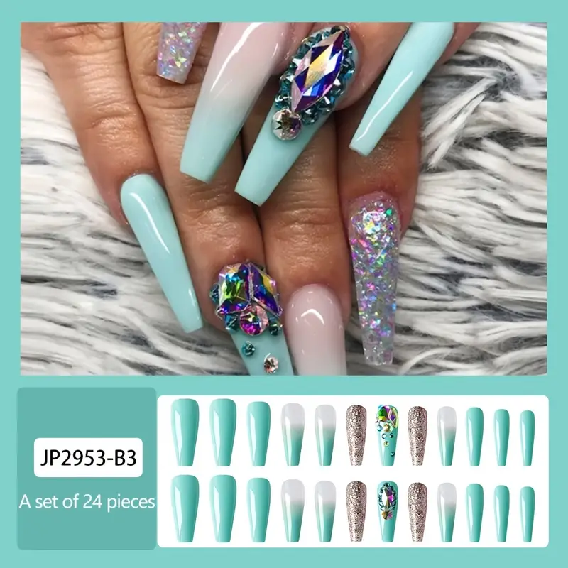 Colorful Rhinestone French Tip Press On Nails With Blue - Temu