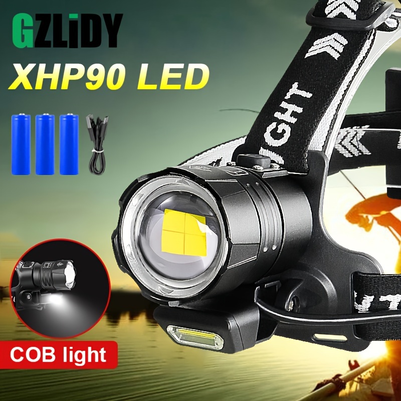 Linterna frontal LED XHP90+COB: Lámpara de cabeza de alta potencia  recargable por USB para pesca al aire libre, camping y exploración.