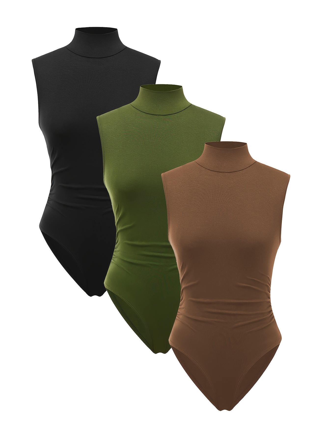 3 Packs Solid Color Turtle Neck Bodysuit, Casual Sleeveless Slim * Bodysuit  For Every Day, Women's Clothing