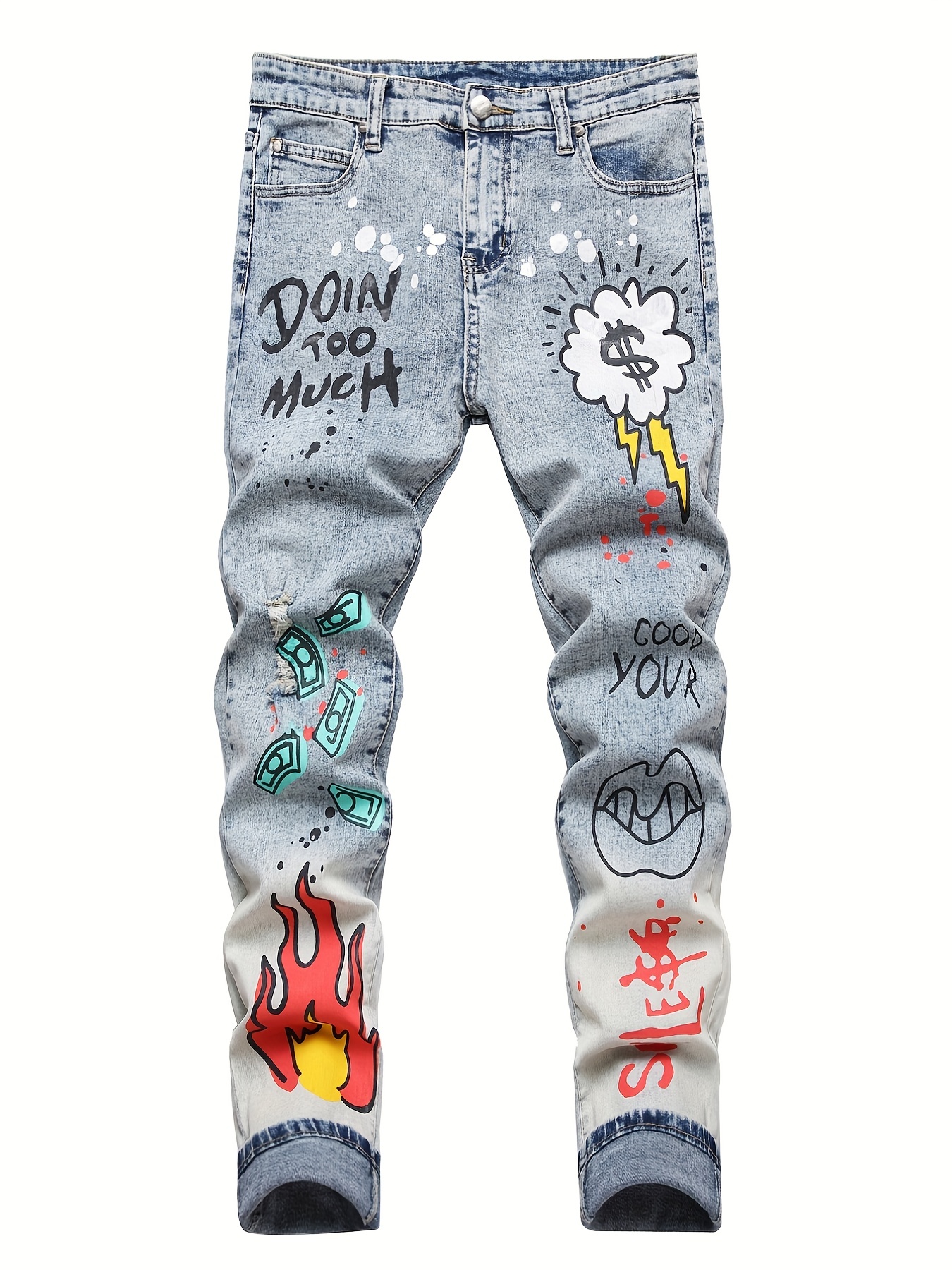 Boys Denim Trousers Slim Fit Ripped Swing Paint Graffiti Street