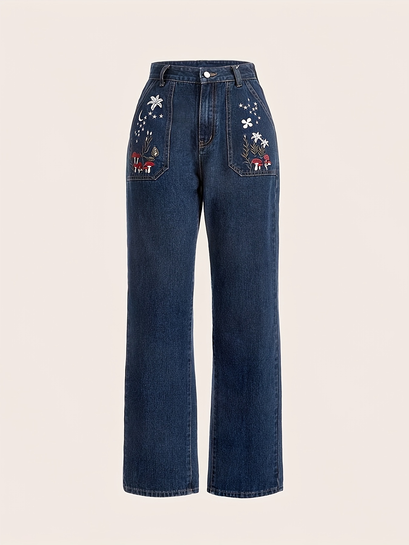 Flower Embroidered Straight Jeans Patched Pocket Loose - Temu