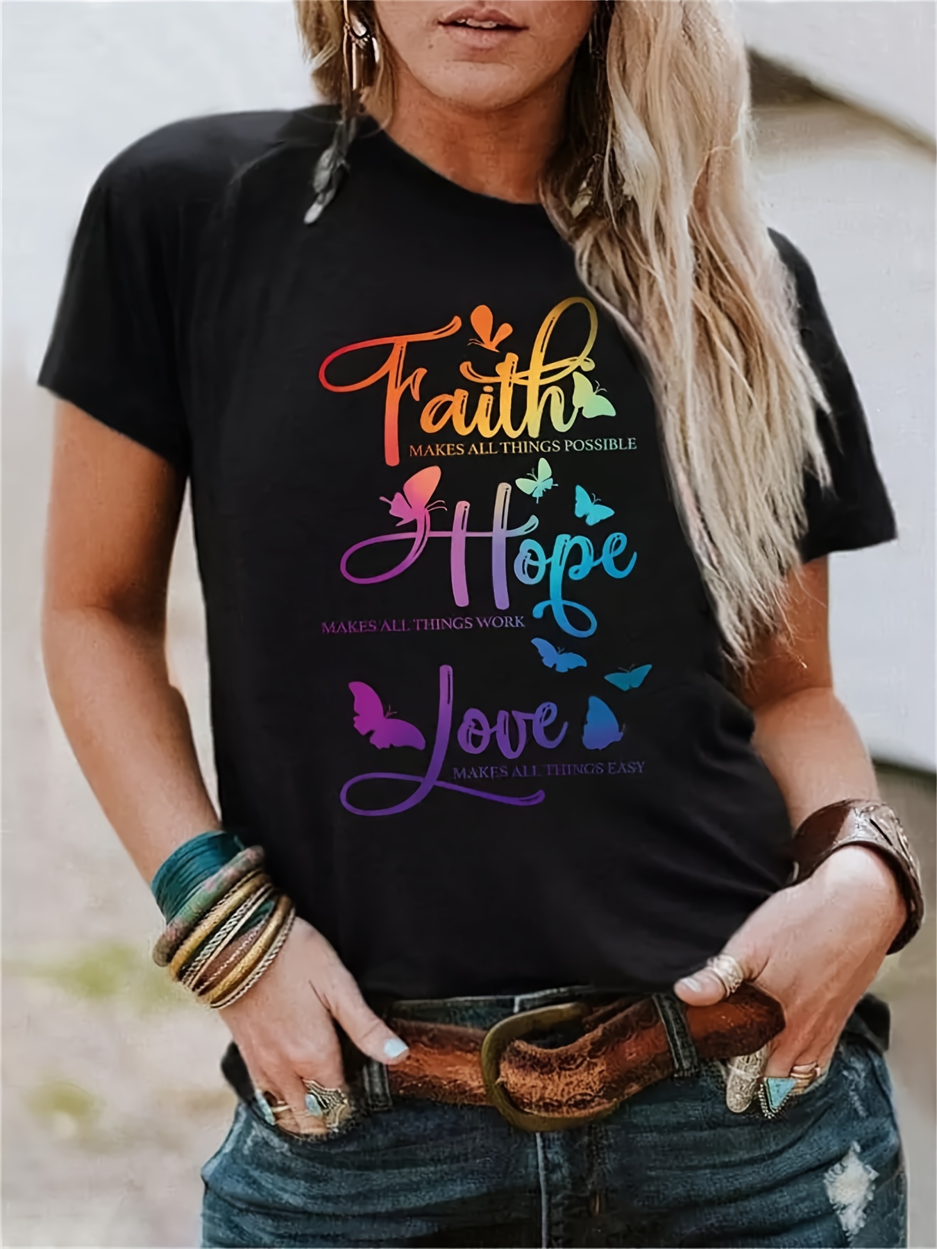 Faith Love Print Short Sleeve T shirt Round Neck Casual - Temu