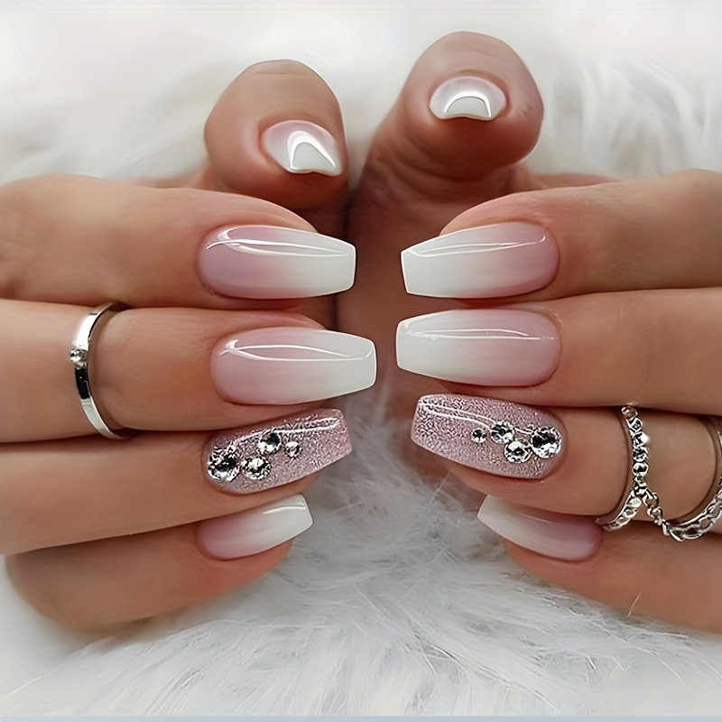 Gradient Fake Nails White Marble Print Press Nails - Temu