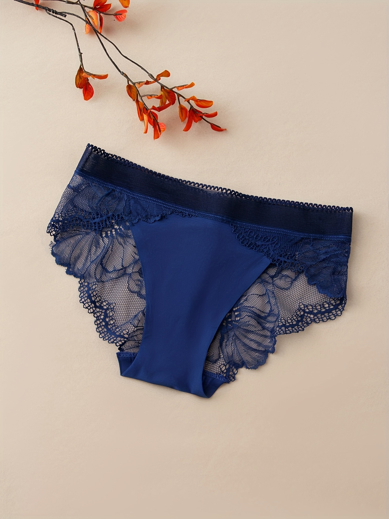 Women Fashion Panties Sexy Low-waist Lace Underwear Simple Solid Color Ice  Silk Briefs Breathable Underpants navy blue S