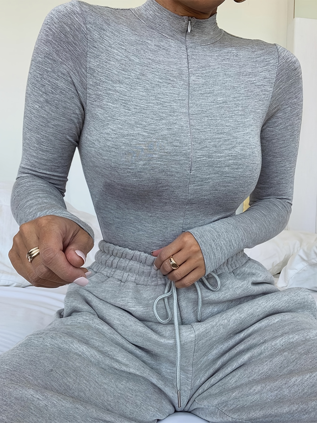 Stylish Women's Ribbed Bodysuit Set with Zip Front and Long Sleeve