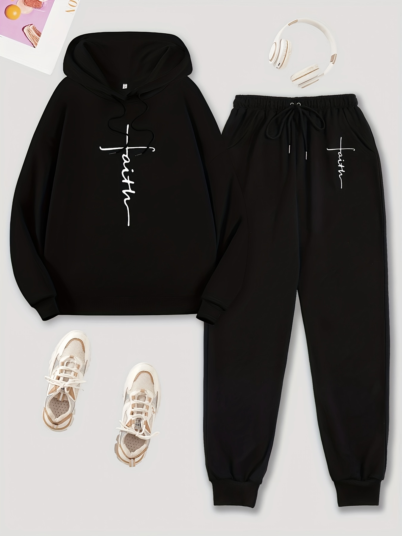 Solid Two-piece Set, Letter Print Drawstring Long Sleeve Hoodie & Pants  Outfits, Women's Clothing