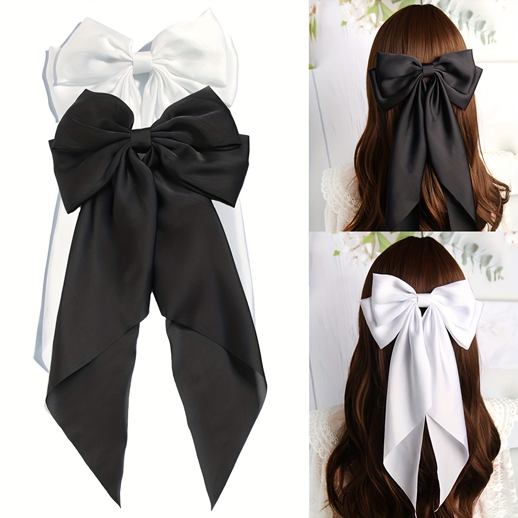 Black Hair Bow - 5PCS Hair Bows for Women Black Hair Clips Oversized Ribbon  Bowknot Hairclip Soft Silky Satin Hair Bow Long Tail Hair Bows Clips