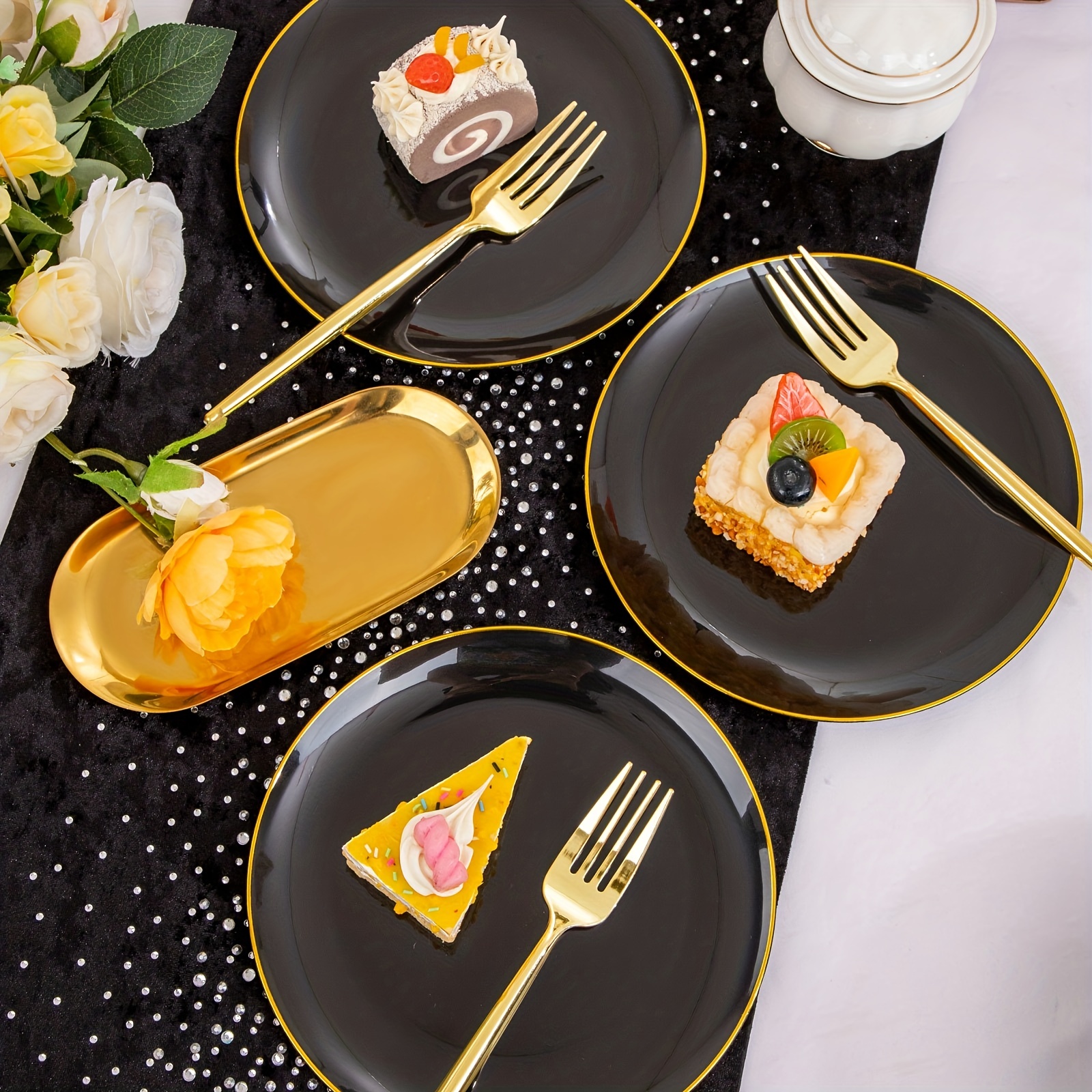 Disposable Golden Dessert Plates With Plastic Dessert Forks - Temu