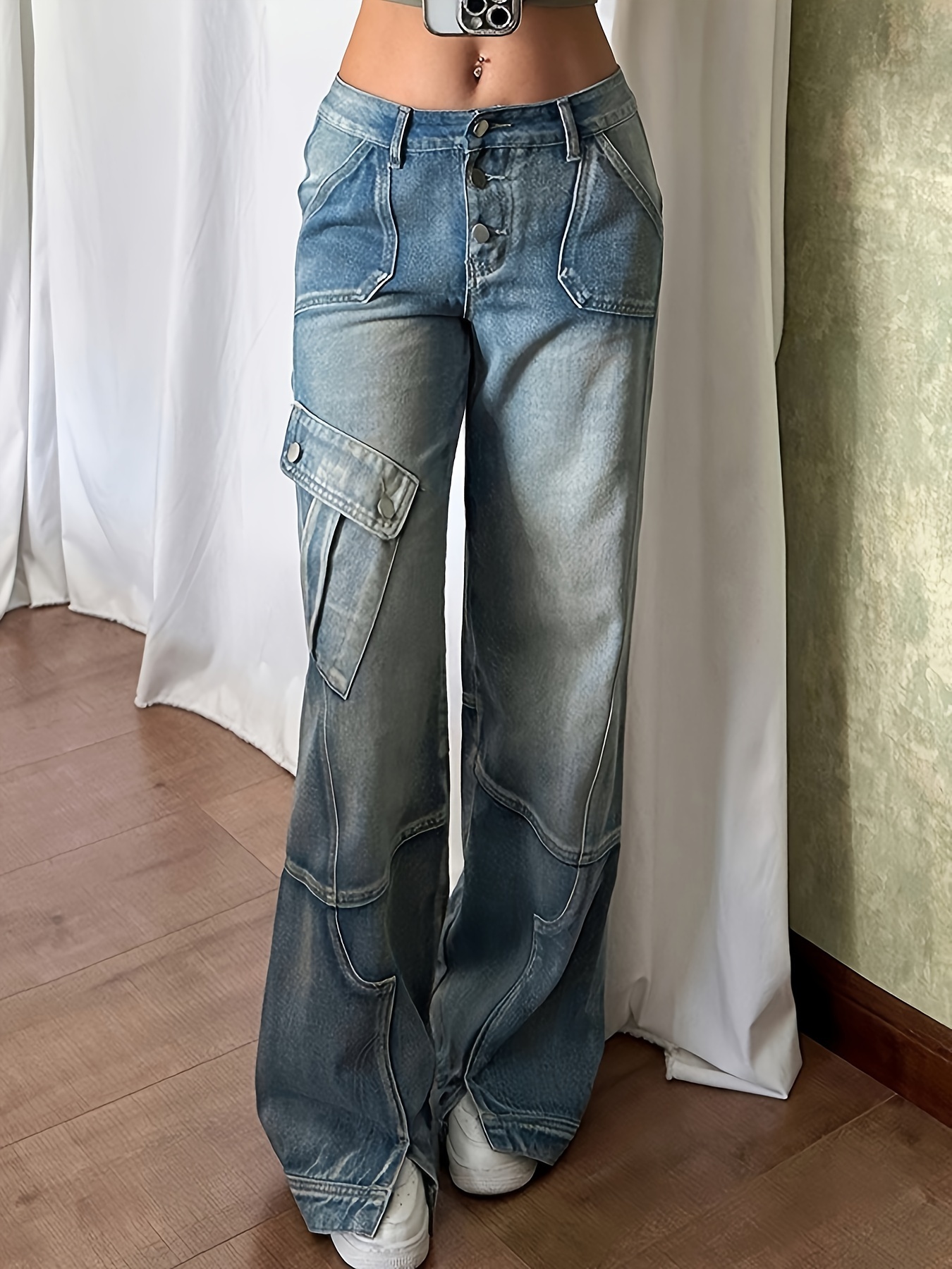 Pantalones Anchos Pantalon Vaquero Con Bolsillos Laterales Botones