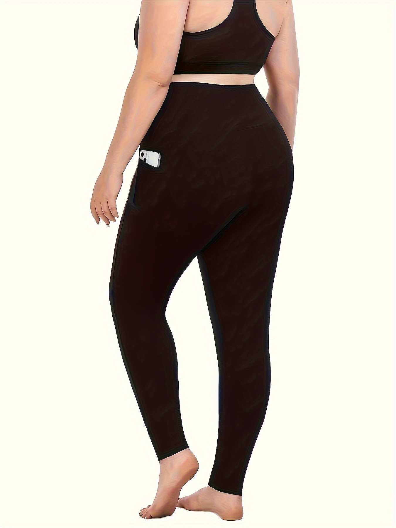 Plus Size Sports Leggings, Women's Plus Solid Wide Waistband Super Soft Gym  Yoga Leggings With Phone Pockets