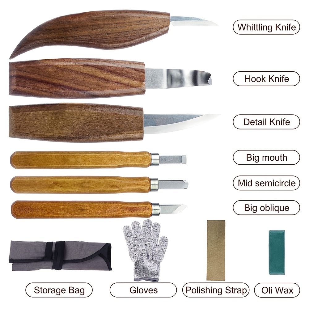 Whittling Knife, Wood Carving Tools 5 in 1 Knife Set - Includes Sloyd Knife, Chip Carving Knife, Hook Knife, Oblique Knife, Trimming Knife Sharpener