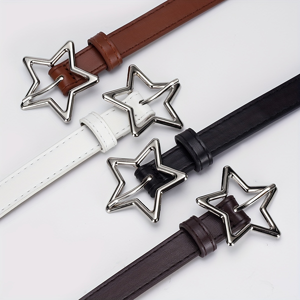 

Girls Pentagram Alloy Buckle Belt, Simple Versatile Star Full Hole Dress Jeans Belt