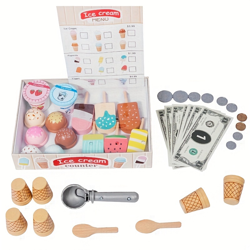 Children's Wooden Simulation Ice Cream Store Cosplay Cashier Boys And Girls Play House Interactive Toy