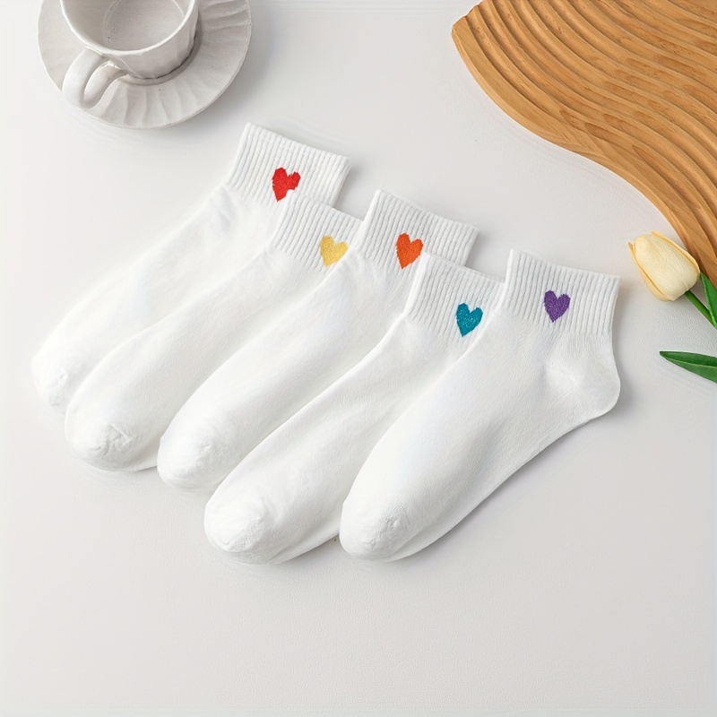 

5 Pairs Heart Print Socks, Comfy & Breathable Crew Short Socks, Women's Stockings & Hosiery
