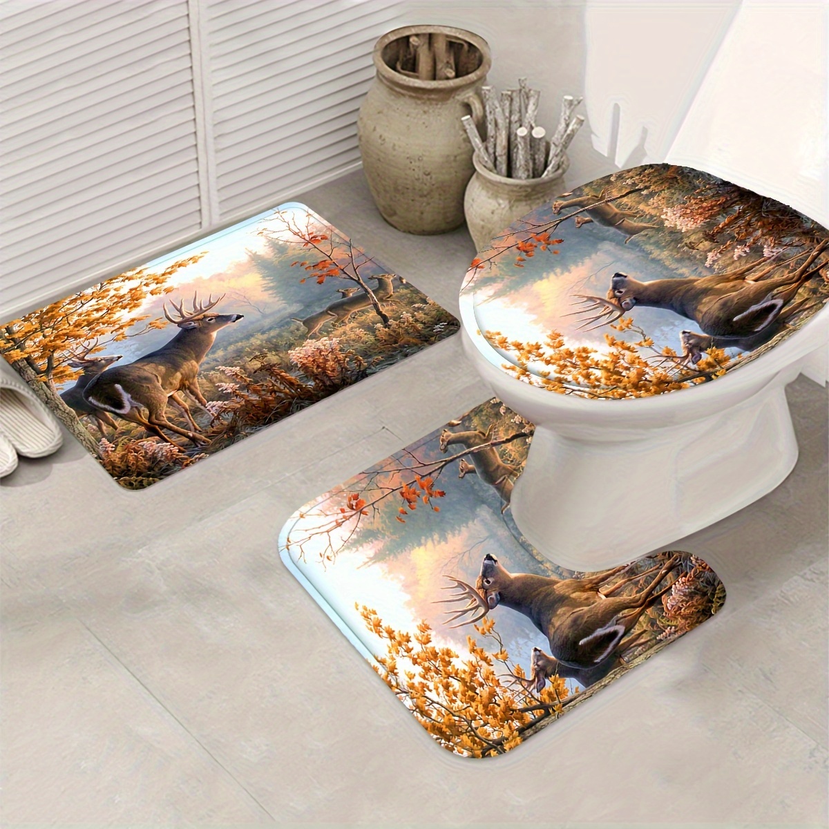 Deer Print Shower Curtain Set, Bathroom Rug, U-shape Mat, Toilet