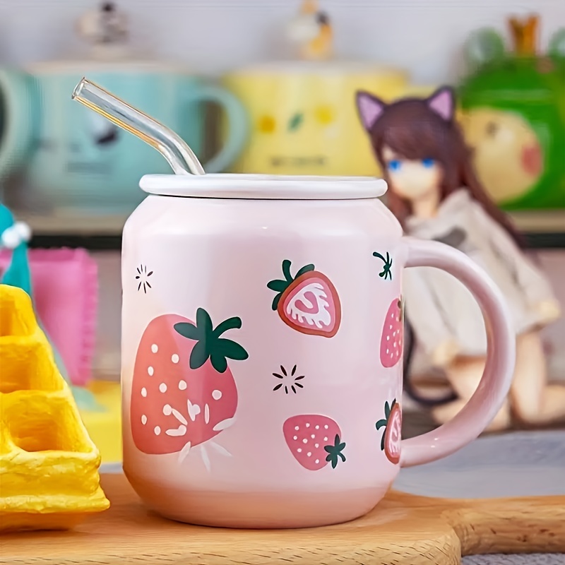 Cute Embossed Strawberry Ceramic Cup With Lid Spoon Water - Temu
