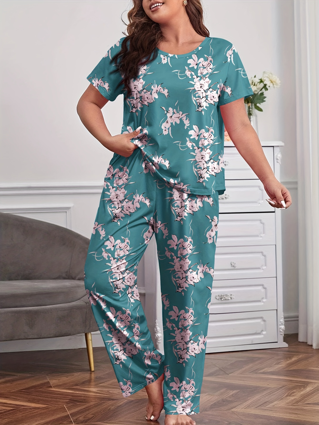 Womens Pajamas Sets Casual Comfy Short Sleeve T Shirt Sleepwear Floral  Print Plus Size Loungewear Housewear Lounge Set at  Women's Clothing  store