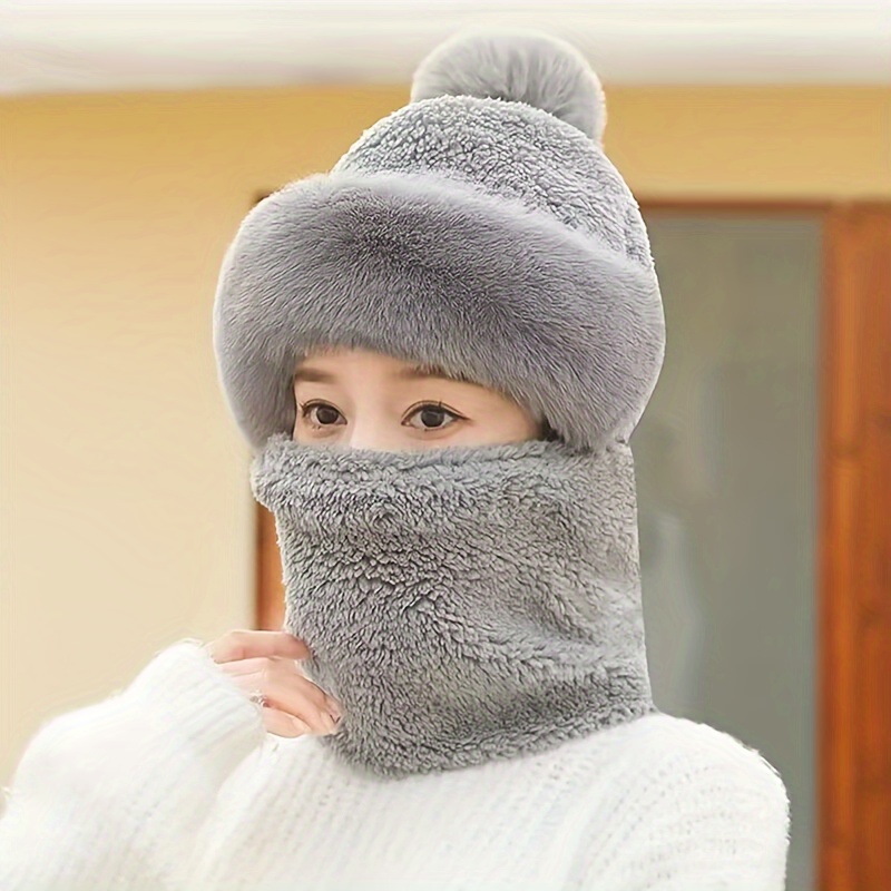Women's Fuzzy Fleece Beanie Hat With Pom Poms, Windproof Winter