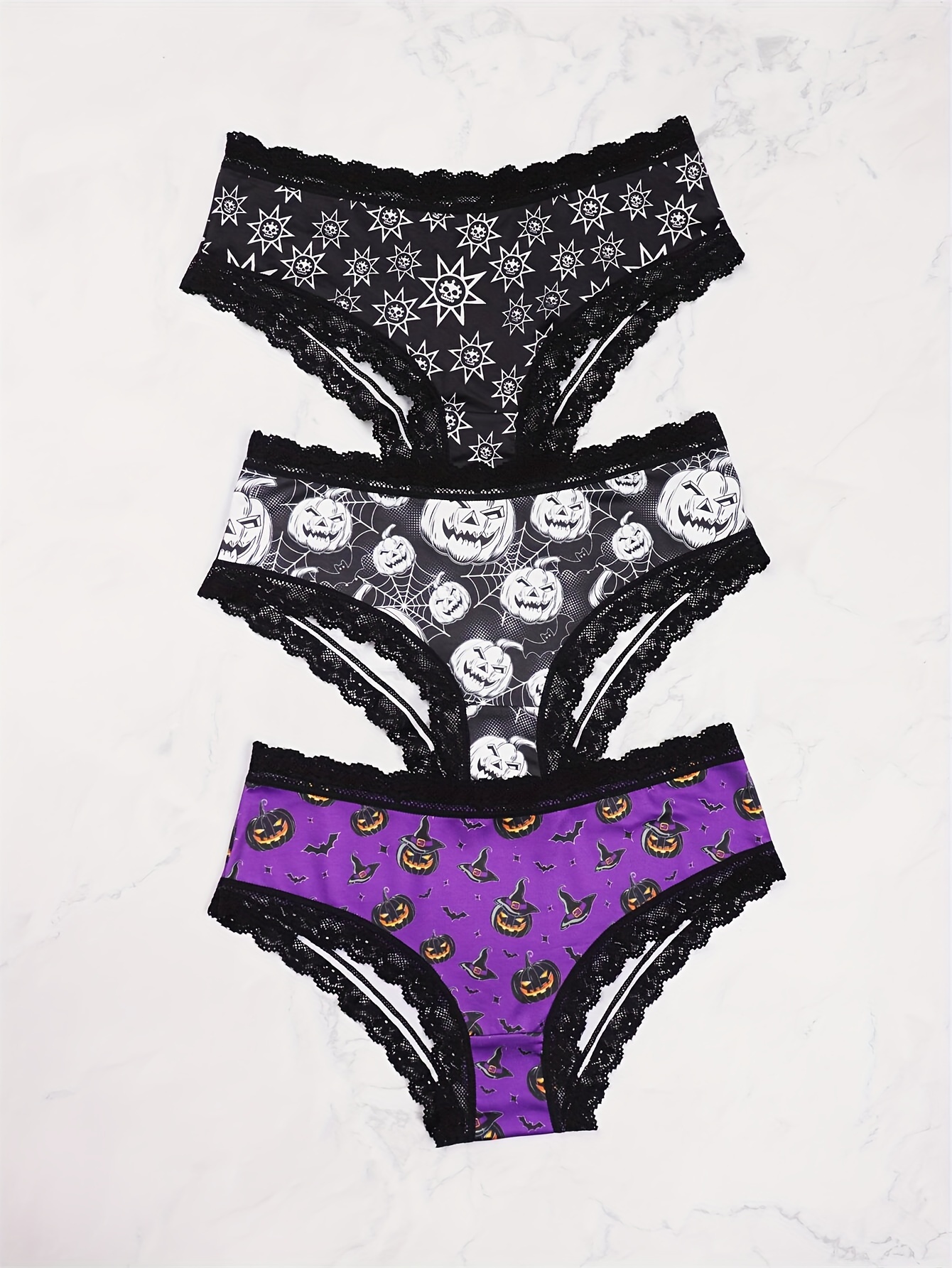 4pcs Gothic Contrast Lace Low Waist Hipster Panties, Halloween Cute Skull  Allover Print Intimates Panties, Women's Underwear & Lingerie