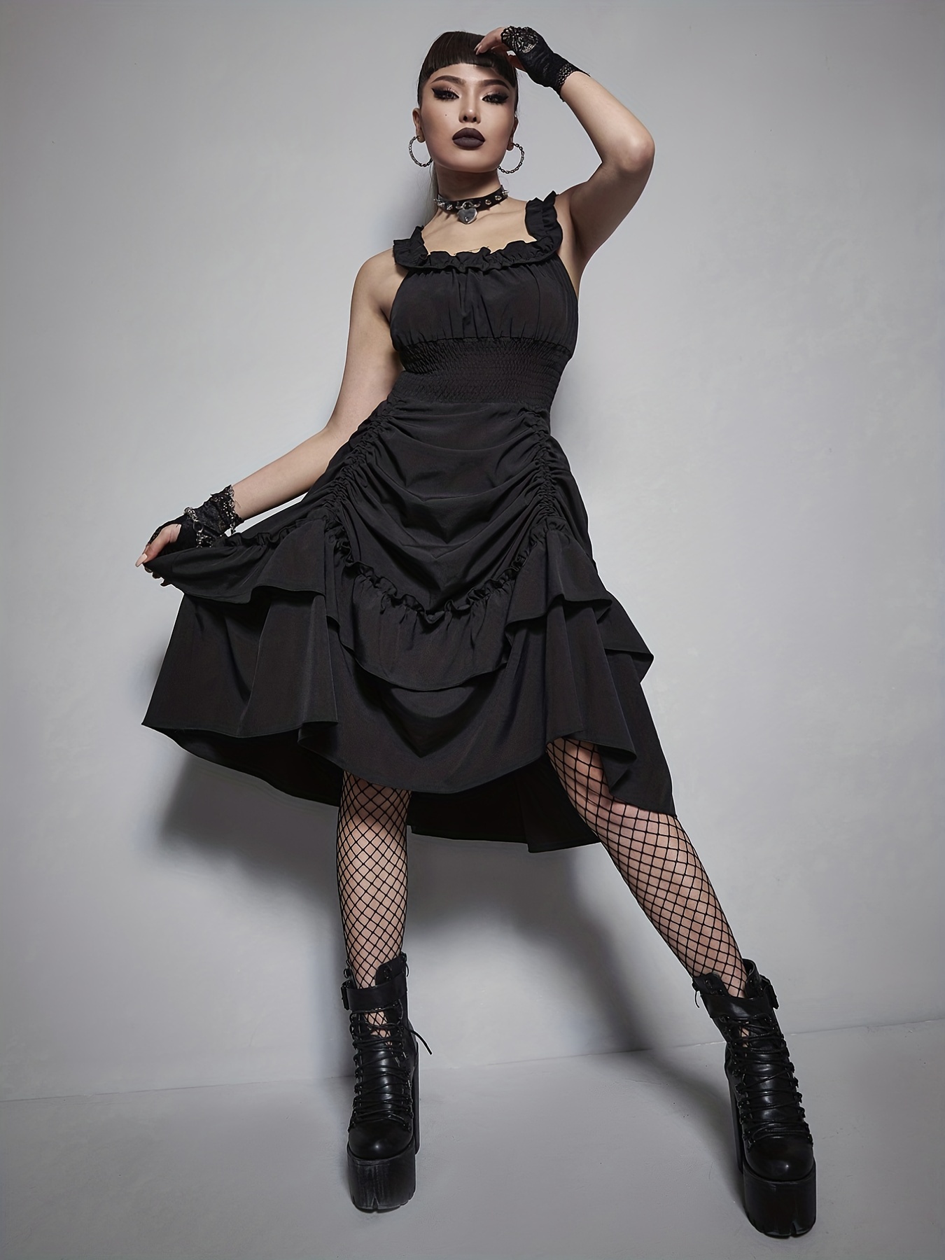Women's Gothic Black Grungy Shift Dress with Faux Leather Shoulder