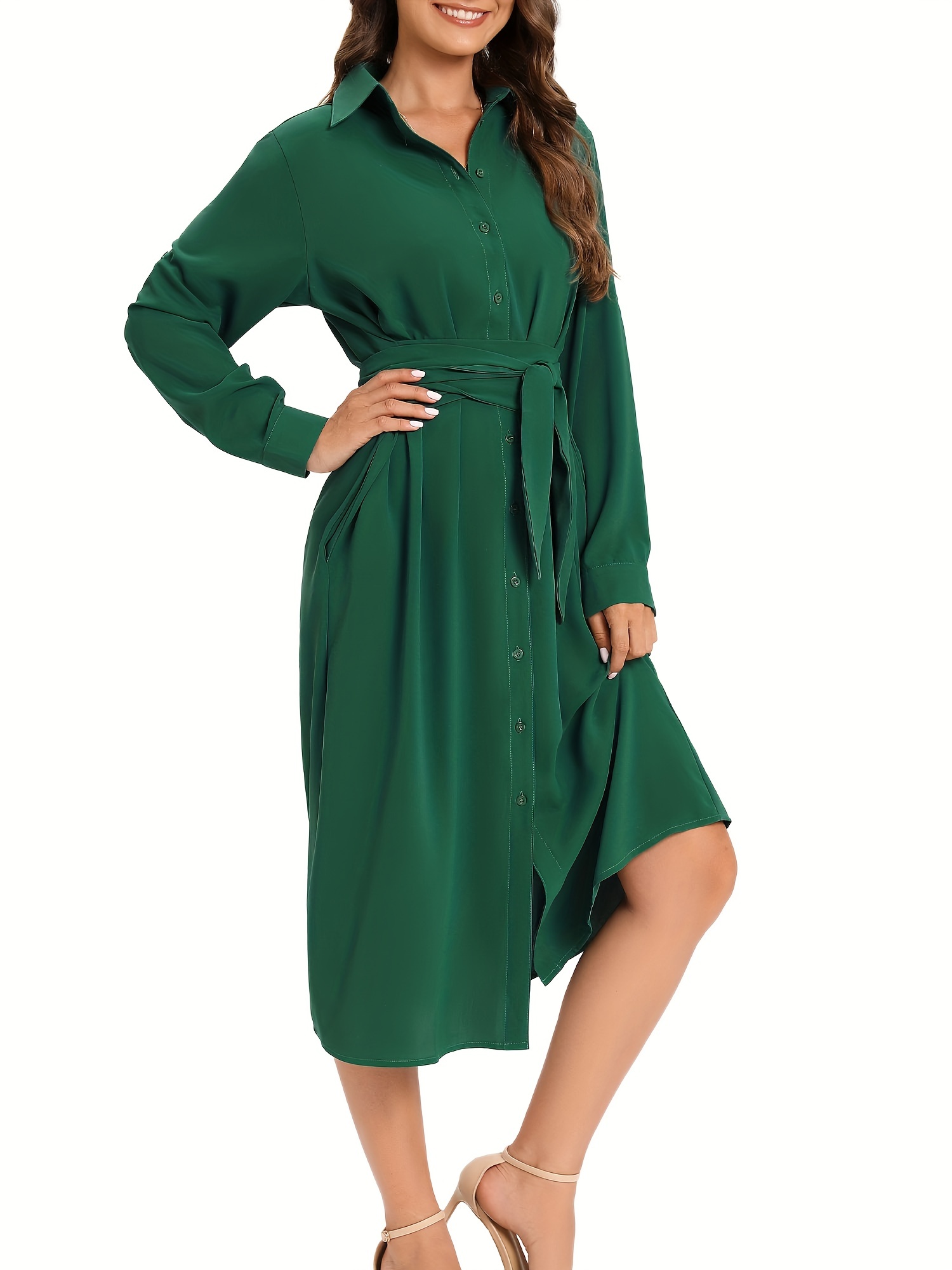 Button Belted Shirt Dress Pocket Elegant Long Sleeve Dress - Temu