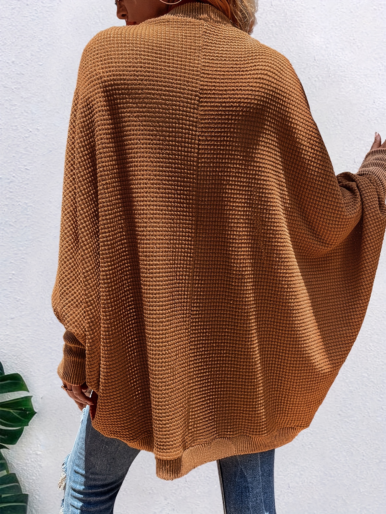 Solid Open Front Knit Cardigan Casual Batwing Sleeve - Temu