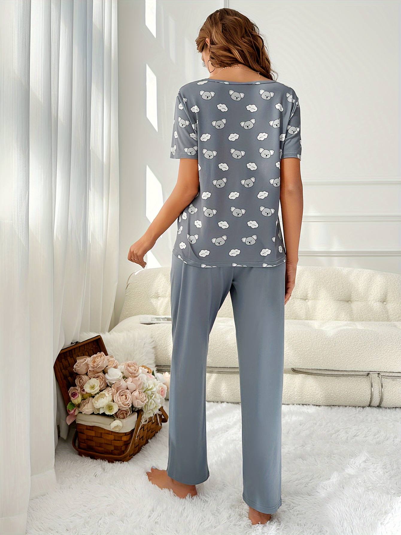 Cartoon Koala Print Pajama Set, Short Sleeve Crew Neck Top & Elastic  Waistband Pants, Women's Sleepwear & Loungewear