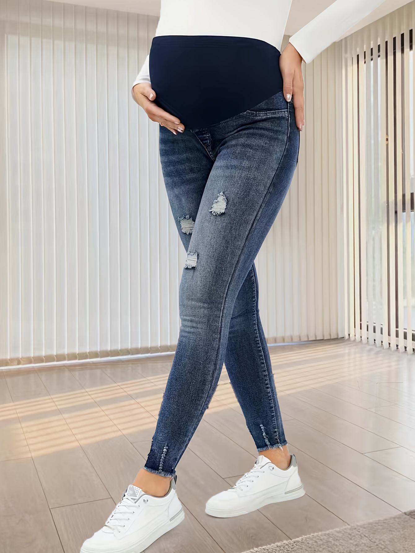 Women's Maternity Trendy Solid Ripped Denim Pants Casual - Temu