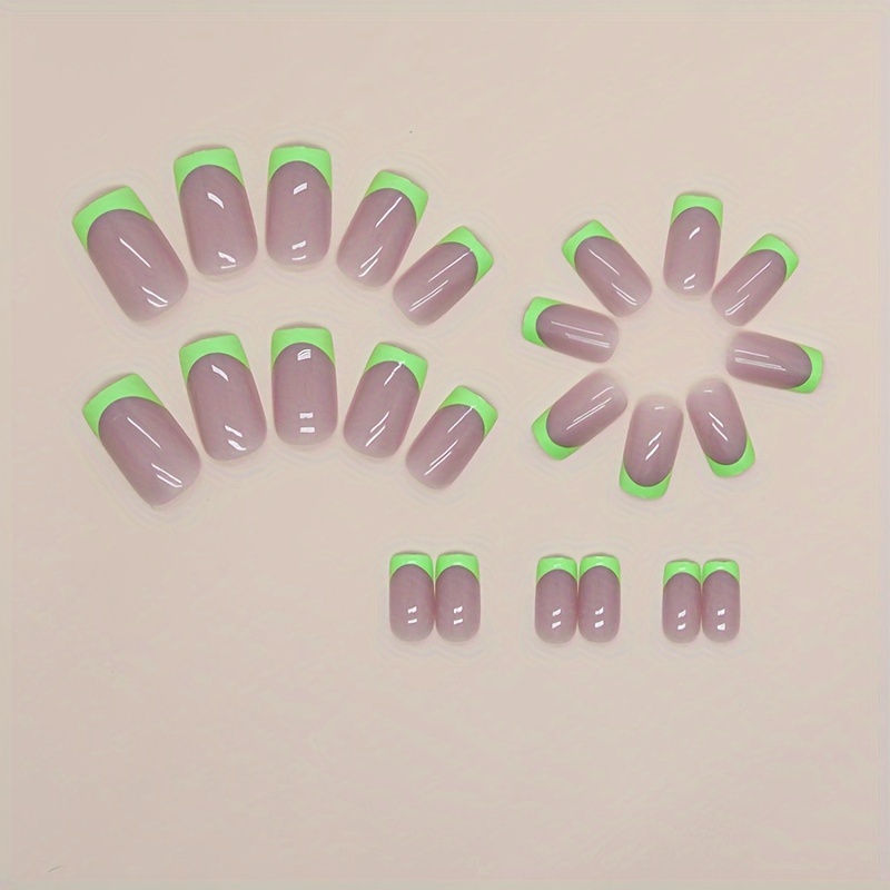 24pcs square press on nails short green french tip fake nails glossy acrylic nails nude pinkish base full cover glue on nails for women girls manicure decorations jelly glue and nail file included details 2