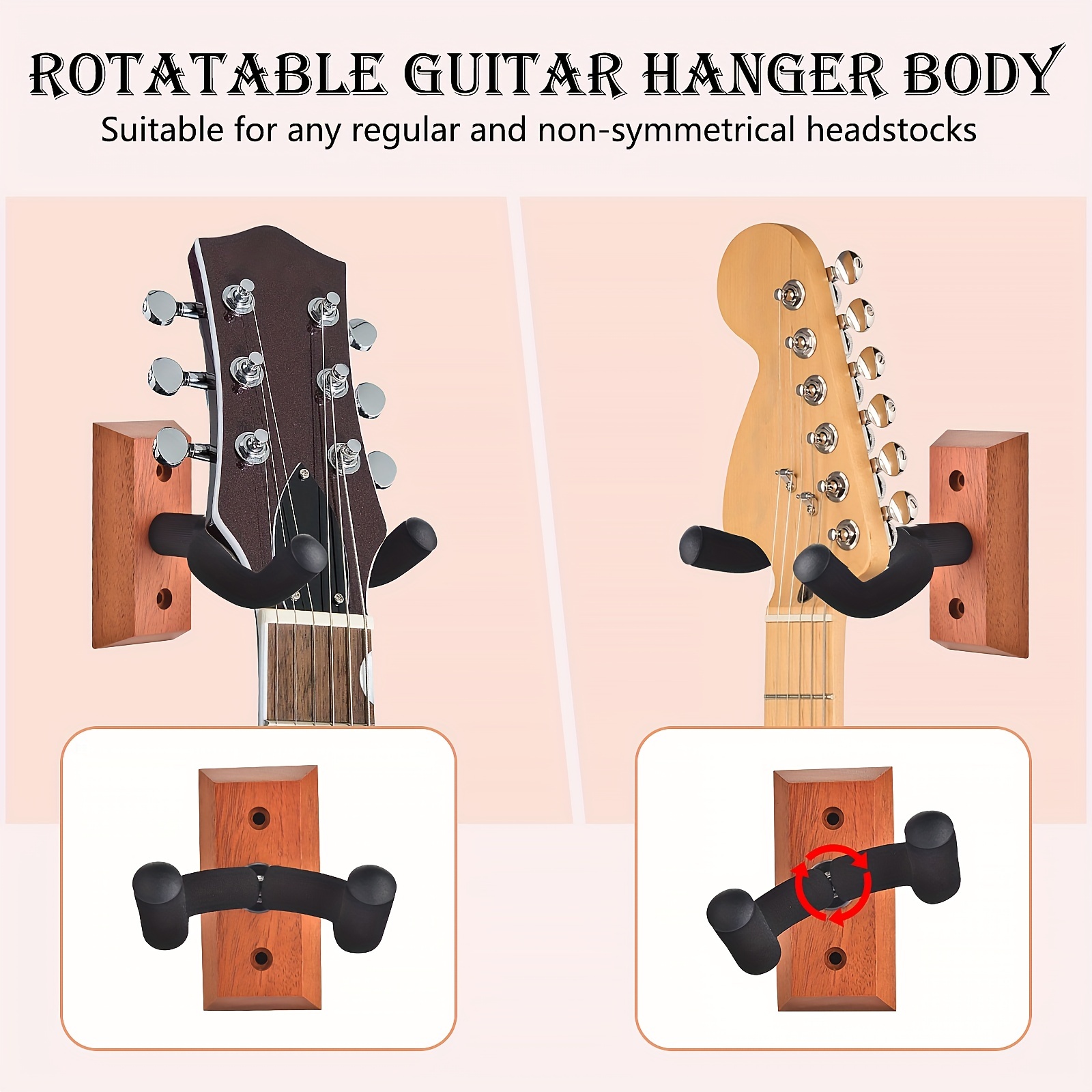  Ackitry Paquete de 2 soportes de pared para guitarra con soporte  ajustable para guitarra de todos los tamaños, soporte de pared de madera  con estante y ganchos de púa, colgador de