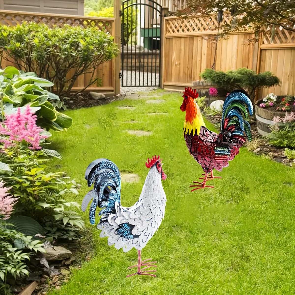 Lot de 4 poules décoratives de jardin - Coq et poule - Décoration de jardin  - Piquet de jardin - Décoration artisanale - Pour l'extérieur