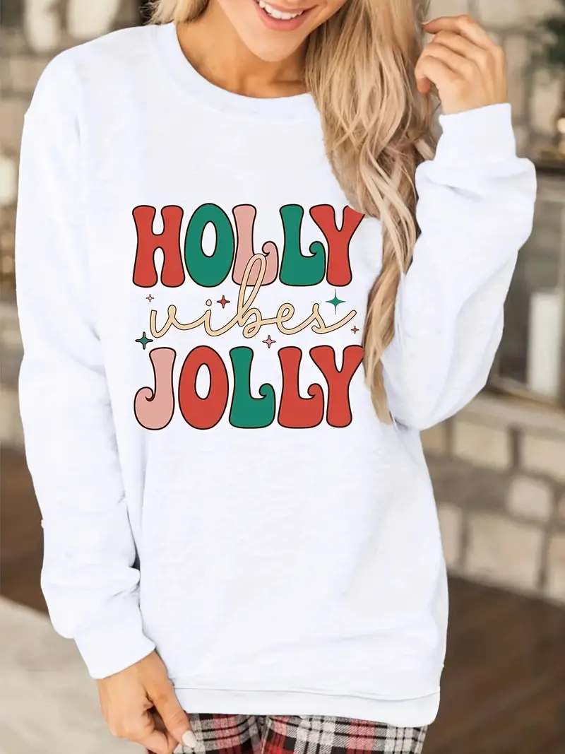 holly vibes jolly letter print sweatshirt casual long sleeve crew neck sweatshirt womens clothing details 2