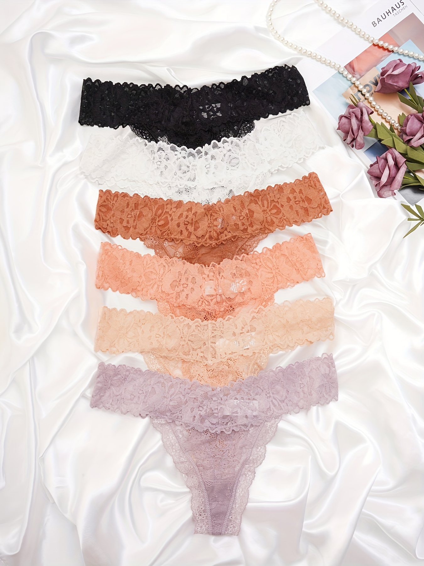 5pcs Floral Lace Boyshort Panties, Thin Semi-Sheer Wave Trim Panties,  Women's Lingerie & Underwear