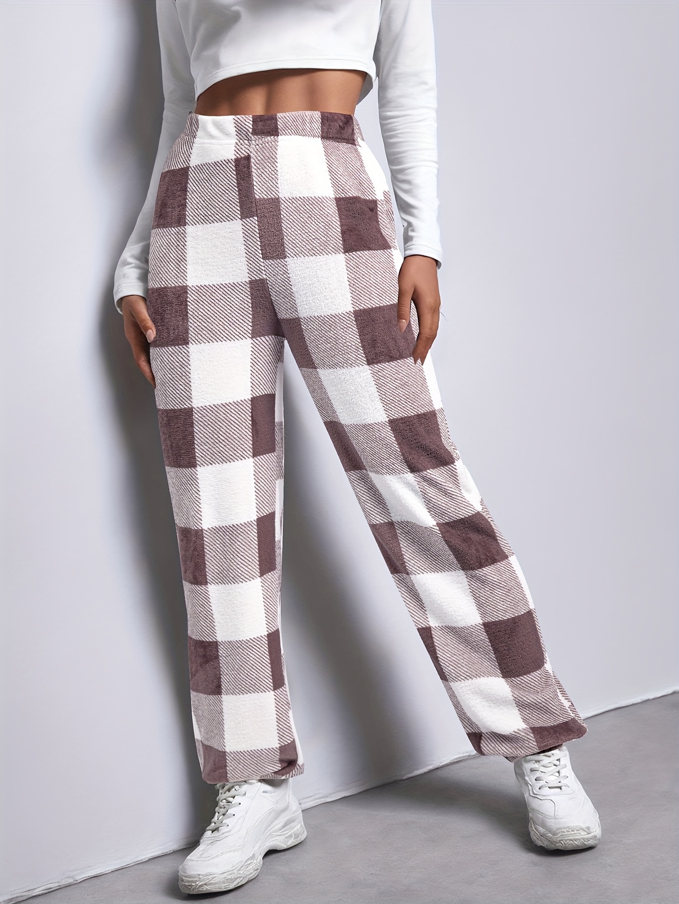 Plaid Print Fuzzy Jogger Pants, Casual Elastic Waist Loose Warm Pants,  Women's Clothing