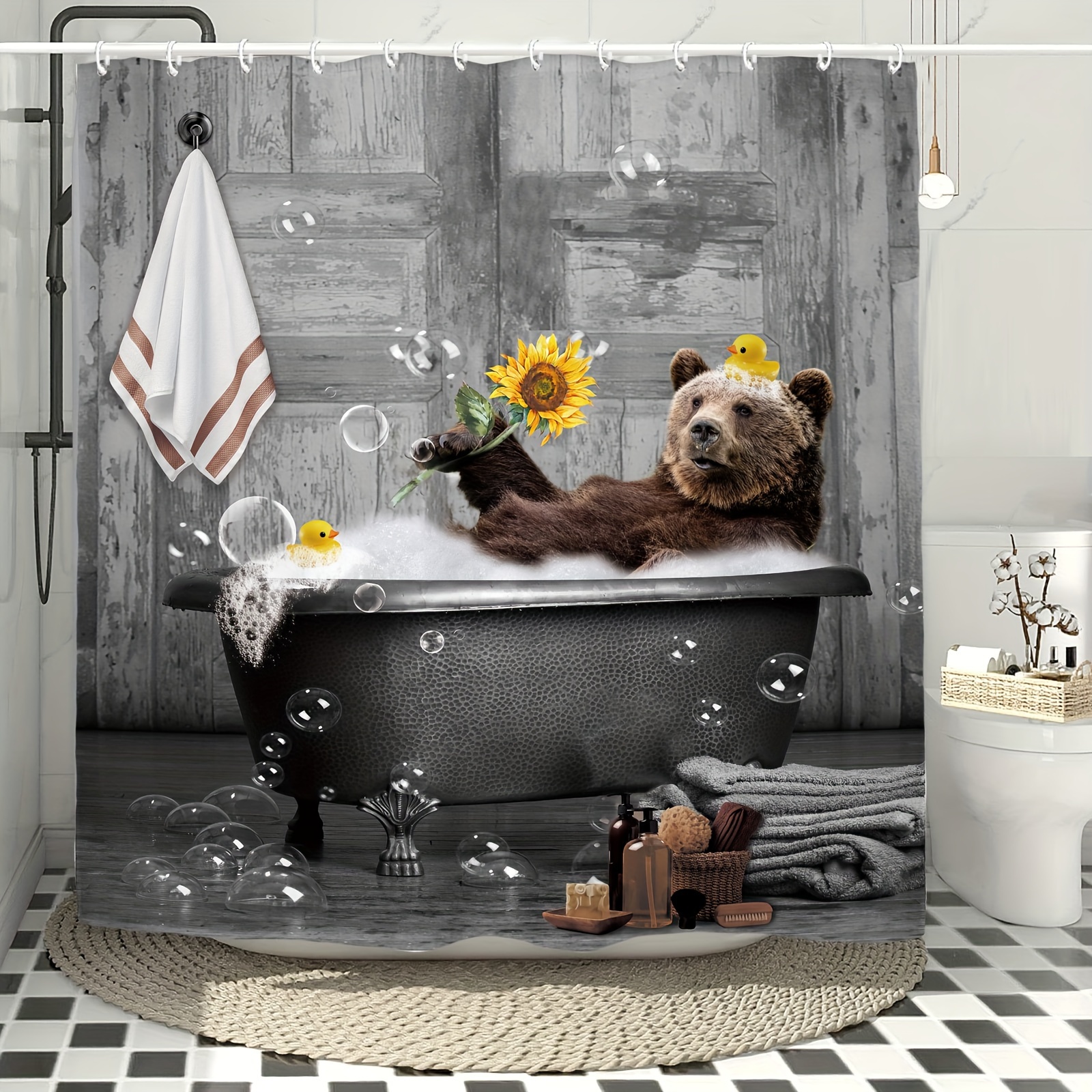 Funny Bear Shower Curtain Sunflower Farmhouse Rustic Animal - Temu
