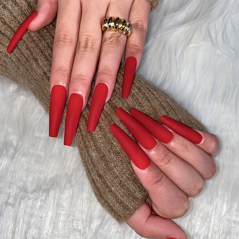 Extra Long Coffin Fake Nails Red White French Press on Nails Matte