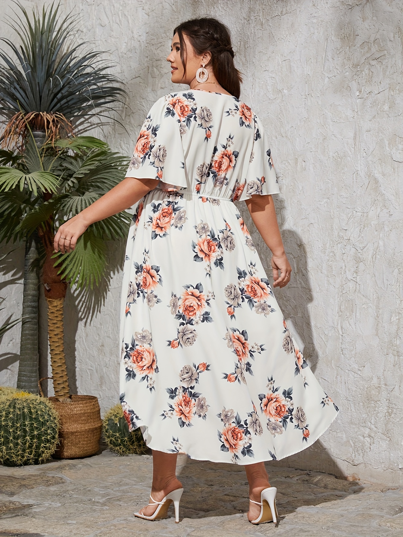 Plus Floral Print Butterfly Sleeve Maxi Dress
