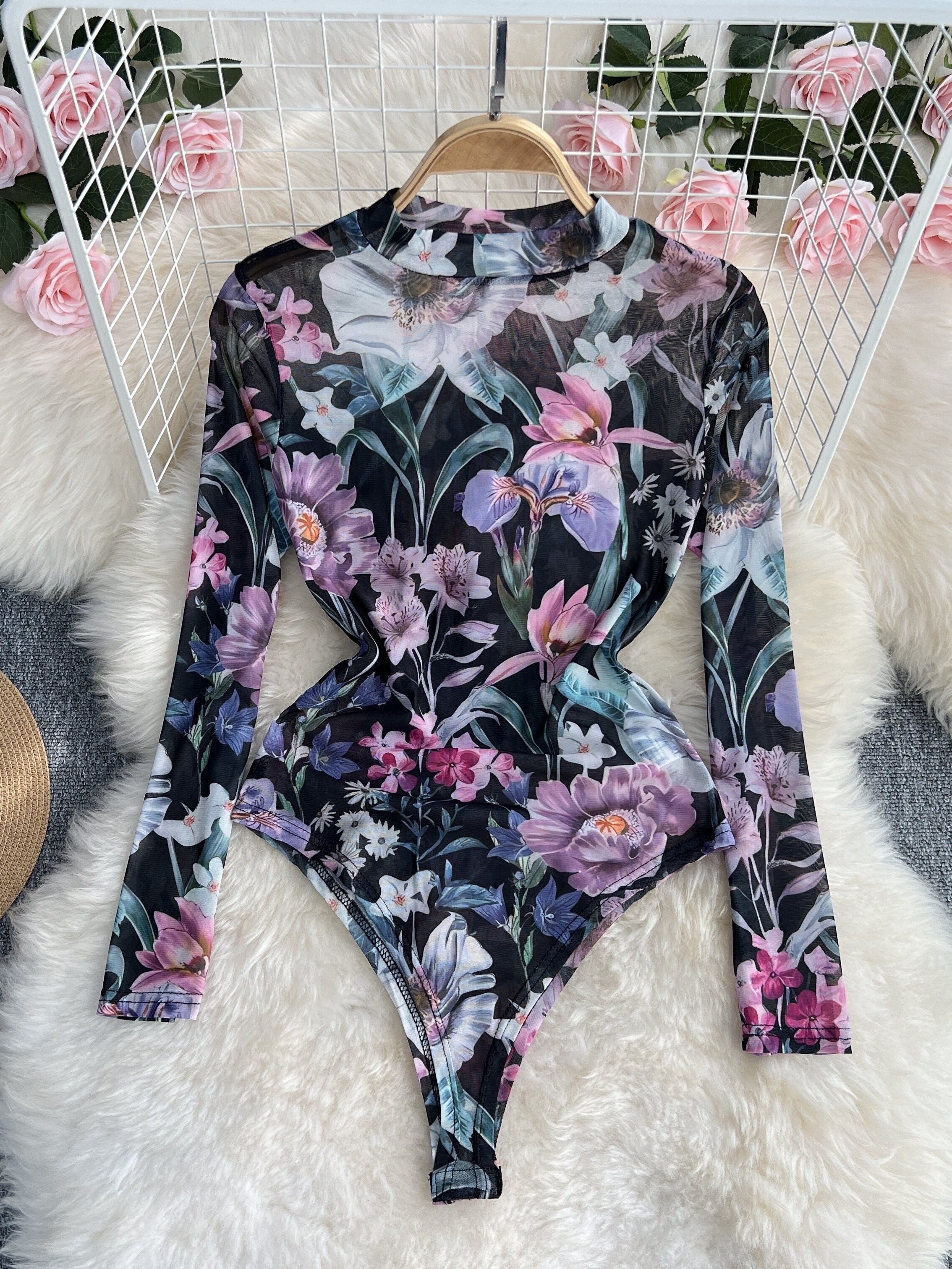 Floral Print Contrast Mesh Bodysuit Sexy Puff Sleeve Lace - Temu Canada