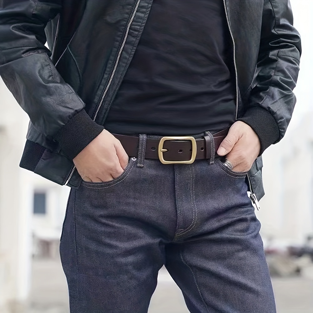Cowhide Copper Pin Buckle Men's Belt Green Middle Aged Jeans Retro Belt